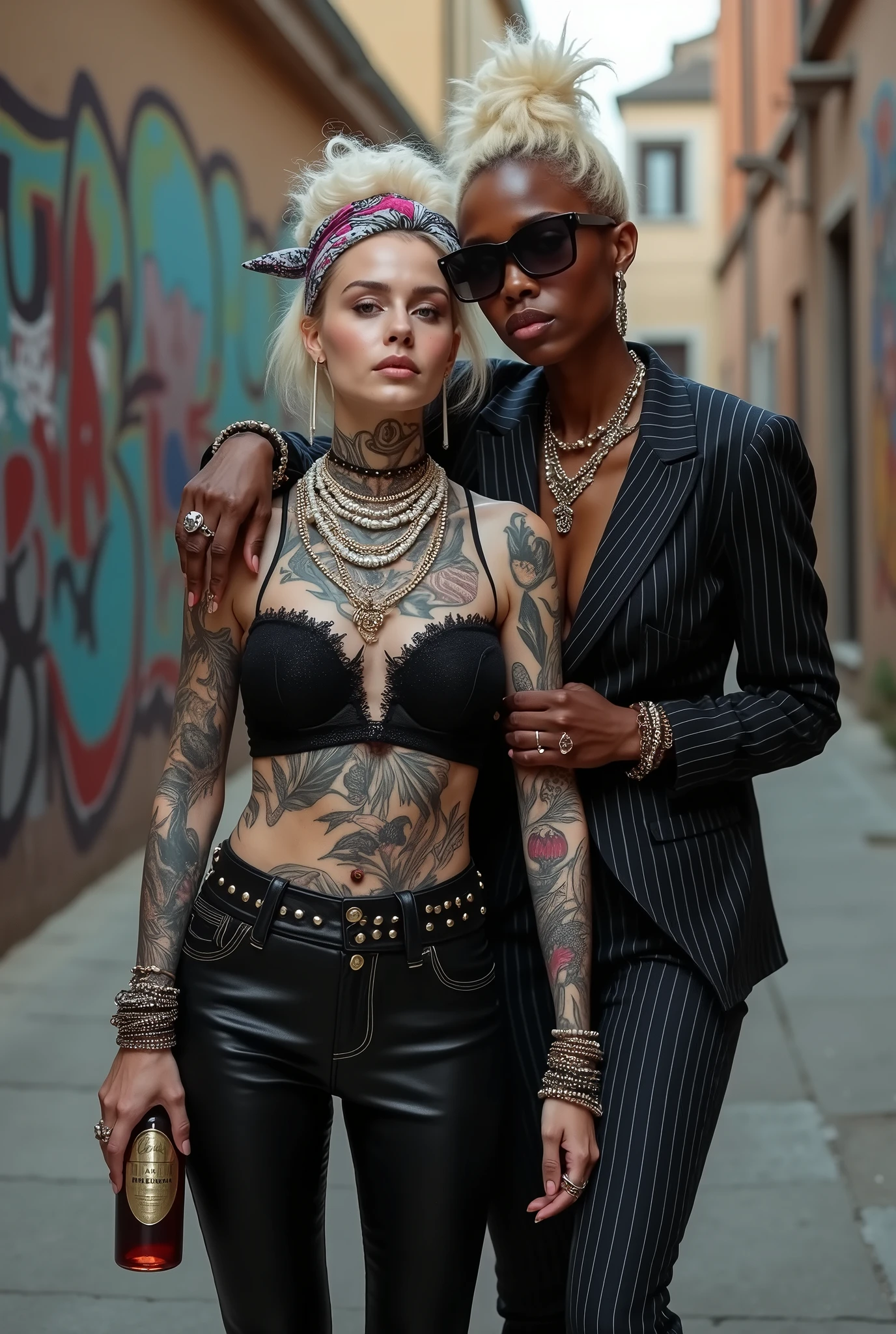 Two russian old milf women: the dominant aggressive dark skinned black woman in business pinstripe suit (jacket and trousers), long nails and afro hair, standing up with separated legs and possessive stance (arm around her girlfriends' shoulders squishing her tightly, touching the neck of the white woman with her other hand, like a predator on her prey). Next to her, her white rich drunk girlfriend looks at the camera (white woman is very pale: pale face, pale neck, pale chest, pale arms, pale hands, pale stomach, pale leg), white woman stretches her neck and looks at the camera feeling overwhelmed by her girlfriend. white woman is shy and submissive, feeling dizzy and needy white woman is being seduced. White woman stands up on her tiptoes pinned on a graffitied wall, White woman"s body is twisted and unstable, with hands on air. White woman dresses in rock chic style: Black skinny leather jeans with white seams, platinum blonde hair (pouf, top messy bun, wide colourful bandana as headband) and oversized square sunglasses as headband. Big lips with no makeup. Black studded lace push up bra, big breasts. Barefoot.. Lots of thick wide studded bracelets in the wrists of the white woman, big pearl necklaces around the necks of the white woman, and big rings, Pearl earrings. Loose chains and studded belts around the hips of the white woman. White woman holds a bottle of wine. White woman is lazy, leaning on her girlfriend.. The white woman is densely tattooed on neck, tattoed chest, tattoed arms, tattoed stomach, tattoed legs, wrists and feet. White woman has well Toned abdominals, thin neck, slim legs and thin arms. Narrow hips. The body of the white woman is twisted in a lazy posture. Full body. On a narrow street with graffitied walls