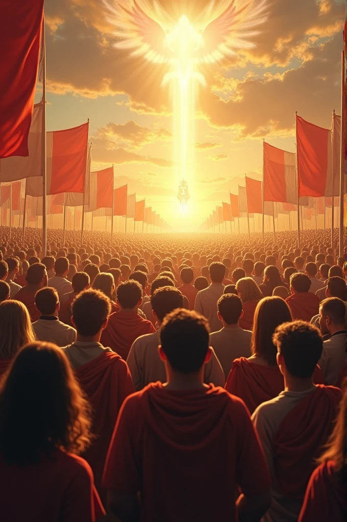 The gathering of nations: Imagine a vast plain where multitudes of people from all nations, races and languages are gathered together, looking up to the sky with reverence and expectation. over the horizon, the Lion of the Tribe of Judah appears as a beacon of hope, illuminating people's faces with a heavenly light. The flags of the nations are in the wind, and people are united in a spirit of peace and worship.