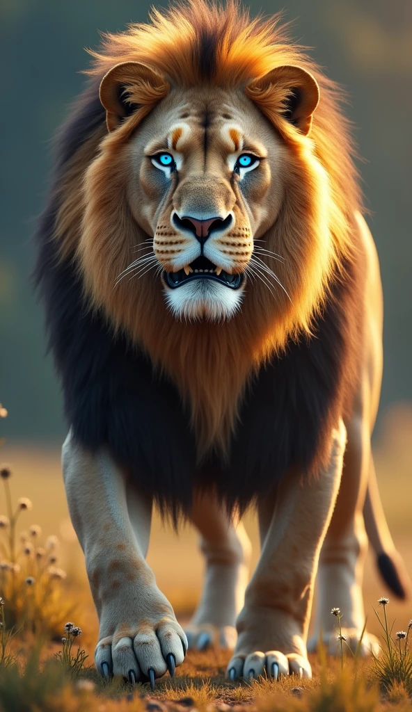 Generate an ultra realistic 8k image of a big strong blue-eyed lion