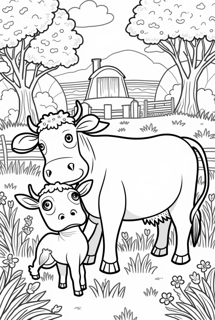 Create a black and white image of cows designed for coloring. Designs should be detailed but accessible to color, with clear lines and spaces that allow for creative use of color. Each cow should be depicted in a forest or farm setting, with elements that add context but keep the focus on the animal itself. The overall style should be playful and engaging, suitable for children.