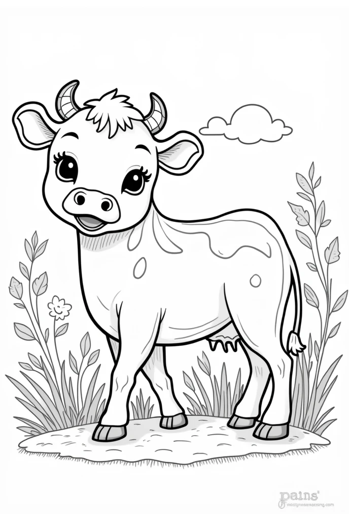 Create a black and white image of cows designed for coloring. Designs should be detailed but accessible to color, with clear lines and spaces that allow for creative use of color. Each cow should be depicted in a forest or farm setting, with elements that add context but keep the focus on the animal itself. The overall style should be playful and engaging, suitable for children.