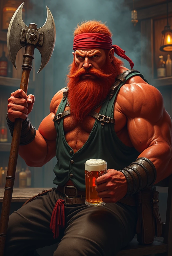A fire Genasi male, hair red, red skin, a dark red bushy beard a large battle axe in one hand and a mug of ale in the other. He’s kind of meh faced and sitting in a bar. Wearing a bandana on his head and a shirt no sleeves. Class fighter. Beard bushy
