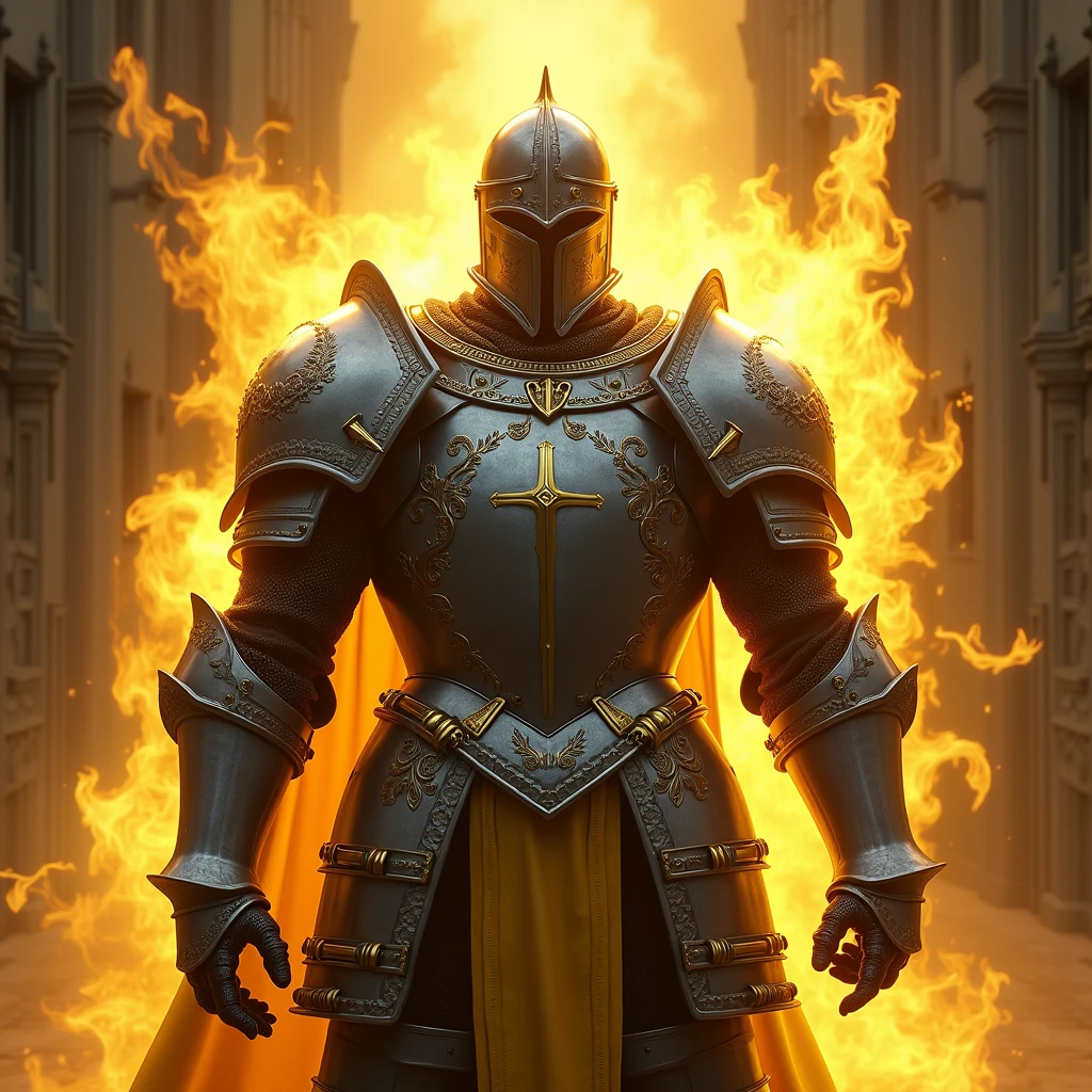 medieval knight in super heavy steel armor emanating a lot of yellow energy, steel helmet, Steel gauntlets, 