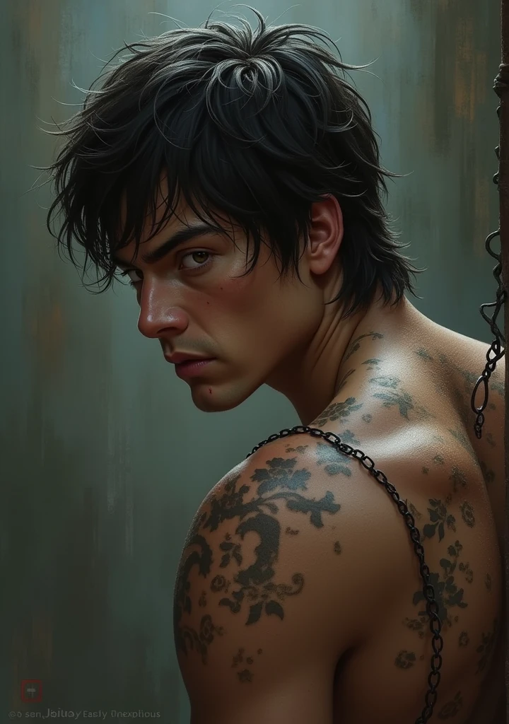 Kizi, with dark brown hair and brown eyes showing the whip marks on his back 