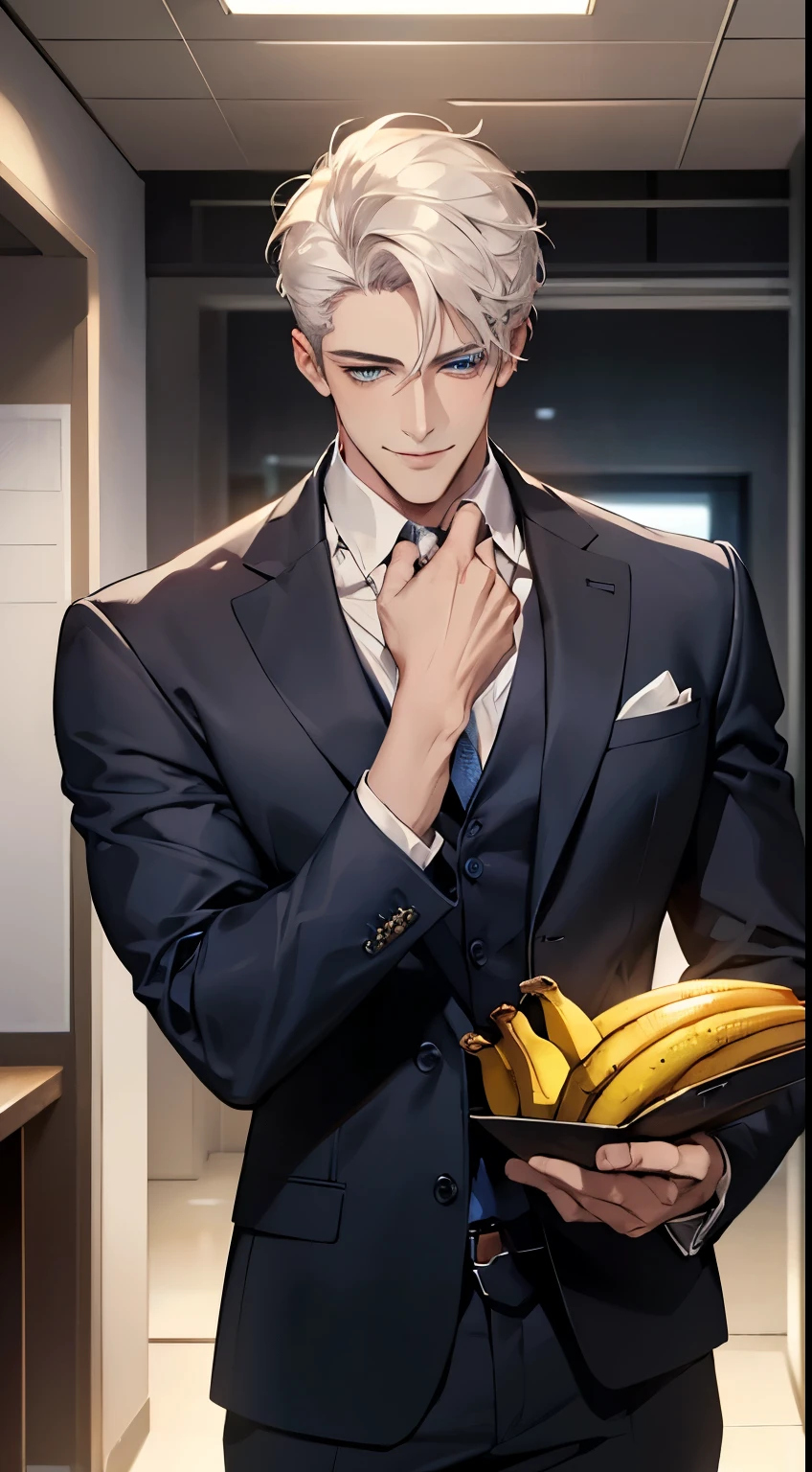 (Highest quality, masterpiece, 8k, Realistic, Cinema Lighting, HDR image, Super detailed, Beautiful images), 1 person, 3, Mature Men, very handsome, (Expressionless, smile), Short white hair, blue eyes ( Sharp Eyes), perfect face no error, Intimidating posture, no error, Businessman, Office Background、Banana in hand