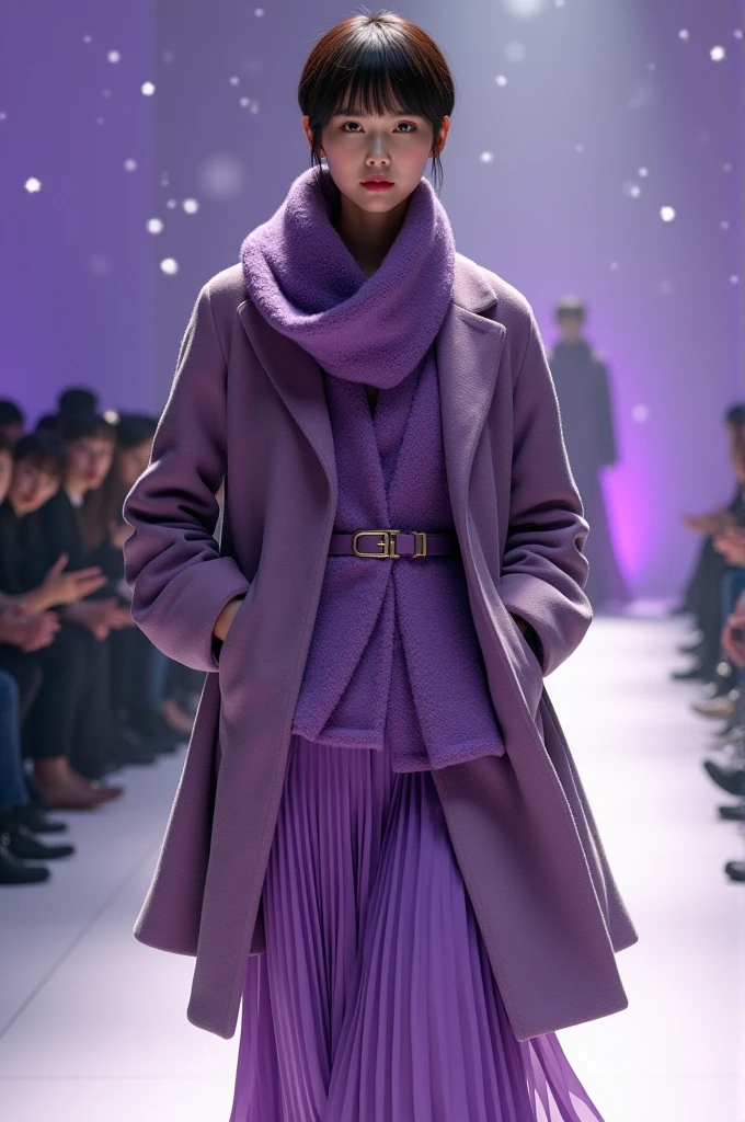 (Winter haute couture show), (full bodyesbian),Senior model,brunnete hair(pixie hair style:1.2),dressed in( purpleish color,purpleish color),Wool felt texture,( purpleish color,purpleish color)(High-grade cashmere)(Large sweater),(coat large),(Robe), (Multi-layer composite skirt), hyper HD, Masterpiece, Charming eyes,Anatomically correct, Textured skin, Super detail, Award-Awarded, Best quality, 8K background: purple snowflower, Distant view, Catwalk, Realistic, inside in room:Catwalk scene, (((Runway scene))), (Snowflakes in the background)