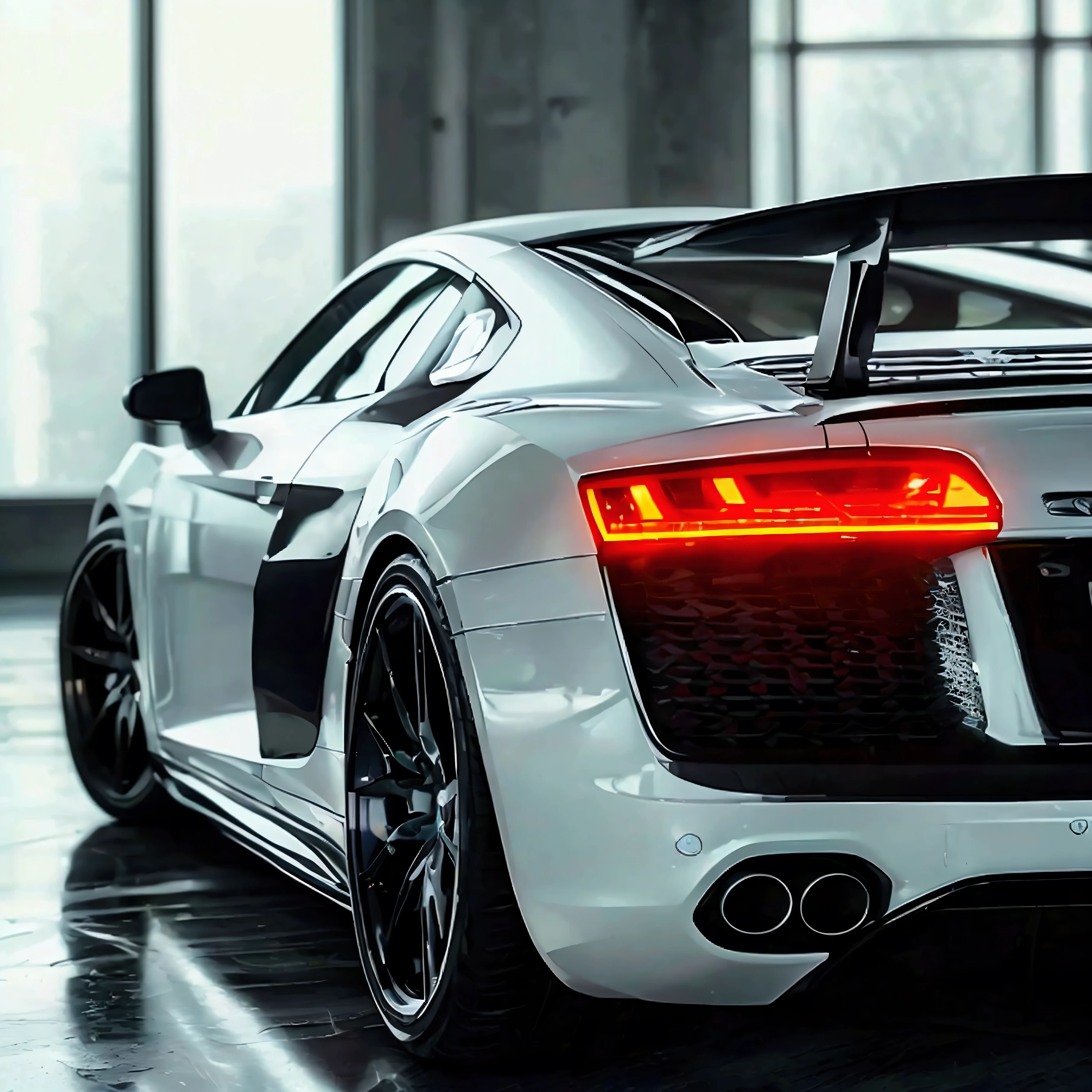 white, modified Audi R8, side skirts, dark tint windows, high quality, 8k, anime woman siting on the hood, white hair, inside a white building, spoiler on the back, sun shining in