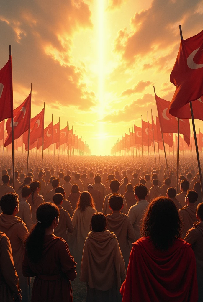 The gathering of nations: Imagine a vast plain where multitudes of people from all nations, races and languages are gathered together, looking up to the sky with reverence and expectation. over the horizon, the Lion of the Tribe of Judah appears as a beacon of hope, illuminating people's faces with a heavenly light. The flags of the nations are in the wind, and people are united in a spirit of peace and worship.