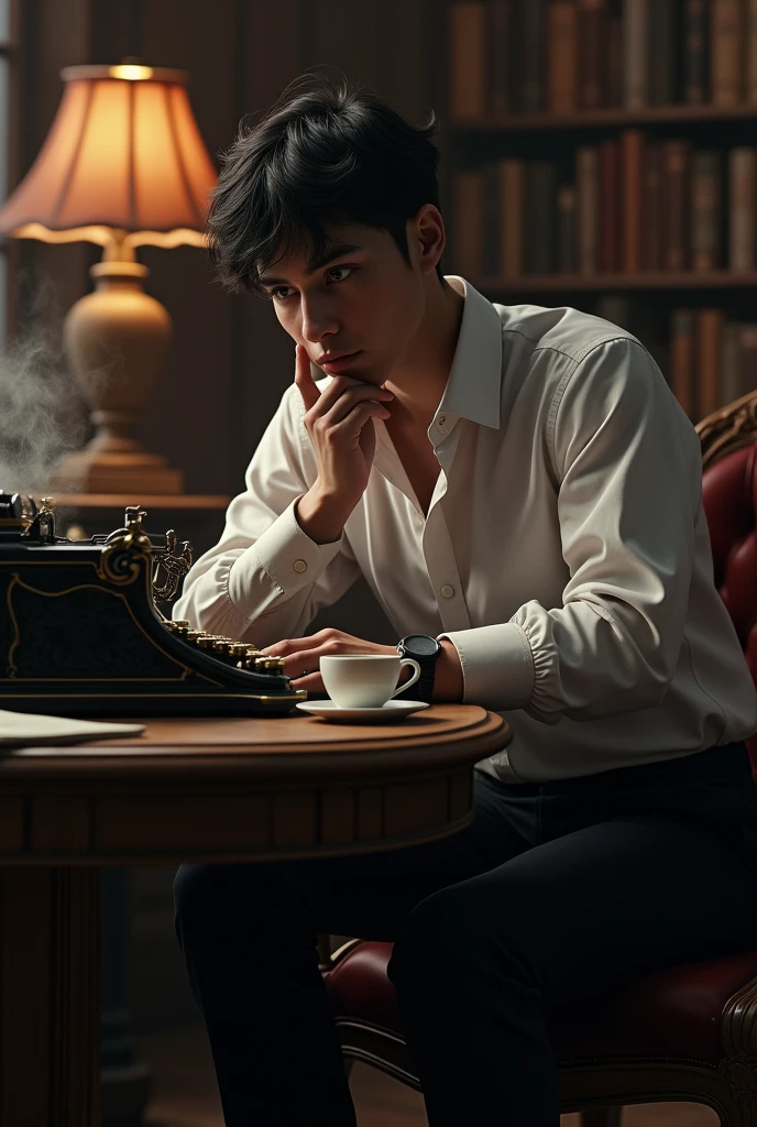 generate a profile picture that has the name Nico Vera, It should be with a touch of suspense and mystery, generates an avatar whose face cannot be distinguished and must be in a study in front of a classic typewriter with a Victorian-style desk, with a background of a library full of books, a posillo with coffee, Must be dressed in a white long-sleeved shirt but with the sleeves folded and gathered, black dress pants and black shoes, the image must be realistic, must be Latino and with short hair, the light should be dim 