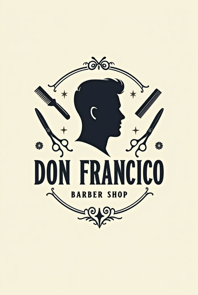 I would like to create a barbershop logo, which says "Don Francisco" barbershop, that has male barbering objects, male hair silhouette