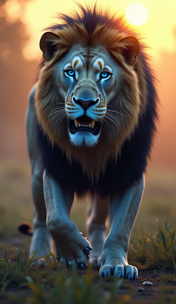 Generate an ultra realistic 8k image of a big strong blue-eyed lion