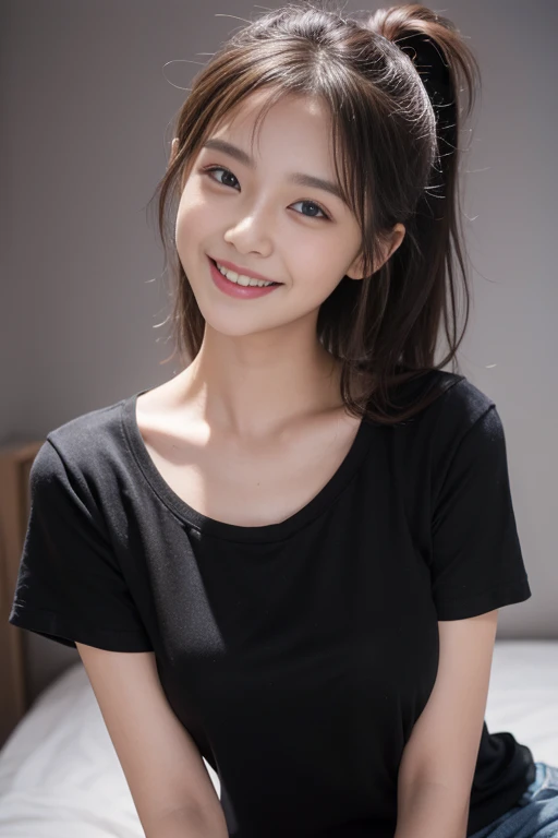 One girl, High resolution, masterpiece, Highest quality, High-resolution model, High detail, Shortcuts, Blushing, smile, Black T-shirt、Sweating