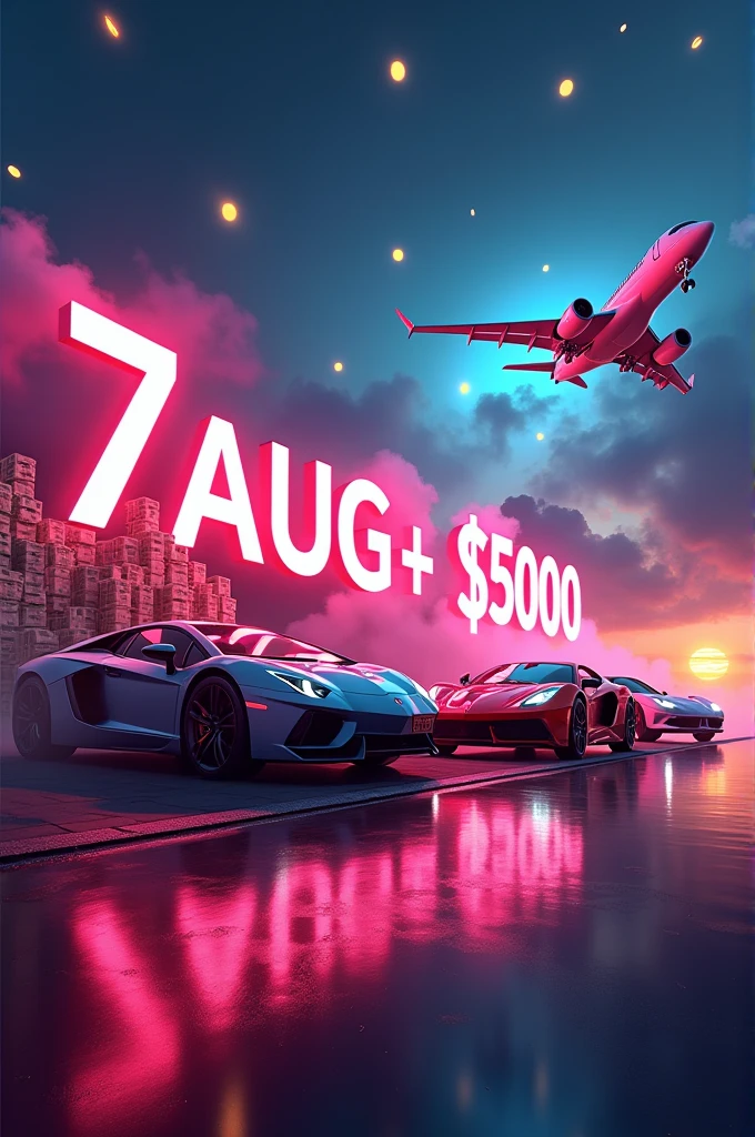 Create a banner having heading " 7 AUG " and then next heading " 5000$ . Background money, luxury cars, luxury jet flying. And RGB smokes .