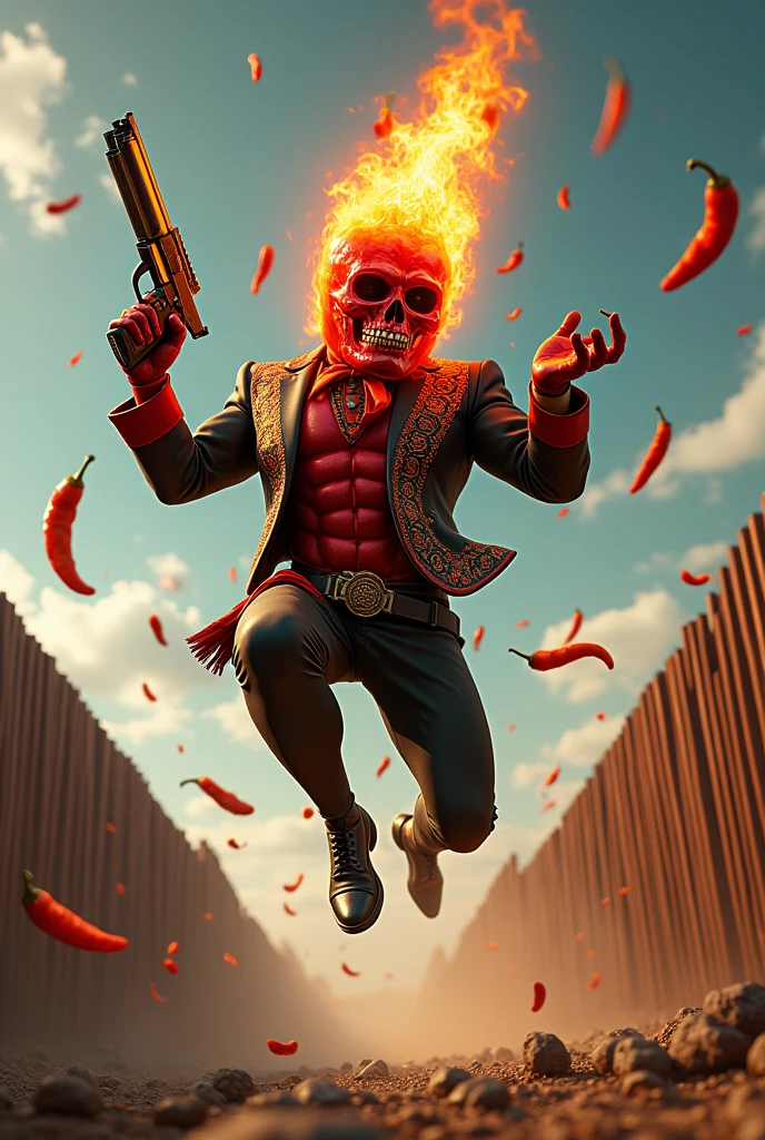 A green chili in the shape of a chili anatomy of a muscular chili with a skull head on fire in a mariche suit and a gun jumping the border and throwing chili peppers