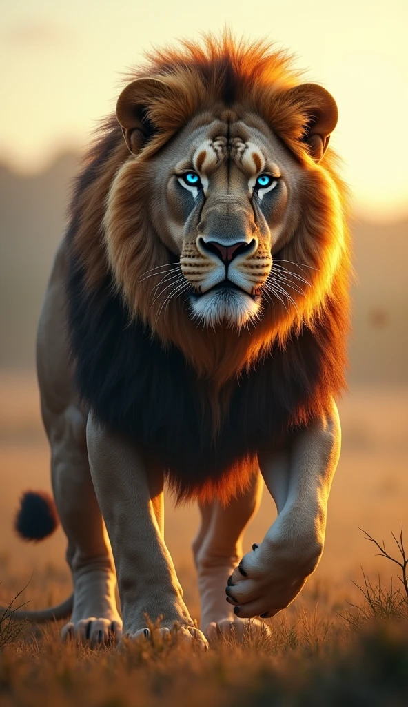 Generate an ultra realistic 8k image of a big strong blue-eyed lion