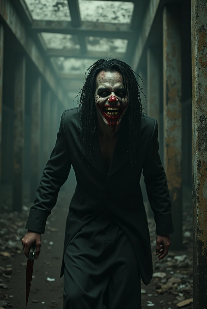 A person with a terrifying and disturbing smile with blood in an abandoned place , and with a knife in more