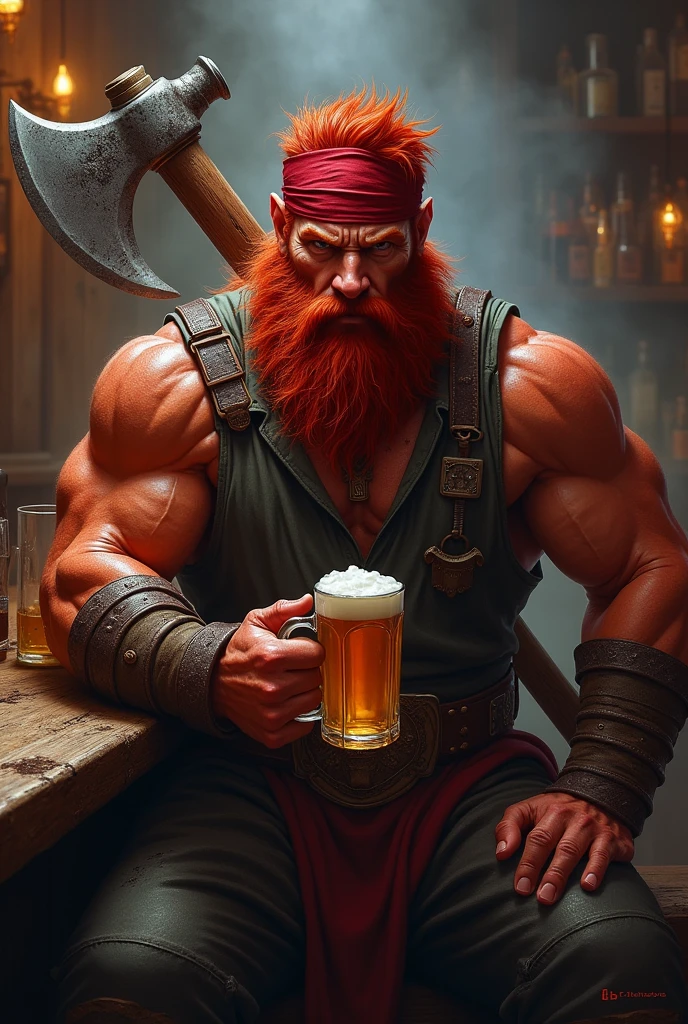 A fire Genasi male, hair red, red skin, a dark red bushy beard a large battle axe in one hand and a mug of ale in the other. He’s kind of meh faced and sitting in a bar. Wearing a bandana on his head and a shirt no sleeves. Class fighter. Beard bushy 