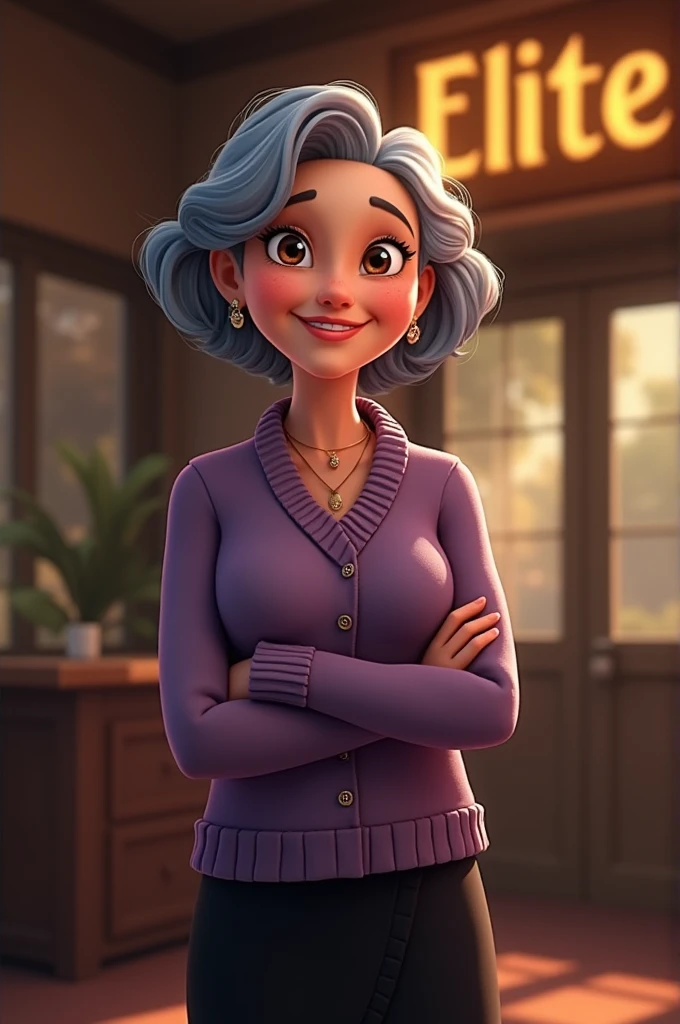 Disney Screenshot A granny with short black hair, adorable face with brown eyes, has a happy expression. She is wearing a purple sweater and a black skirt and in the background she has the name "Elite"