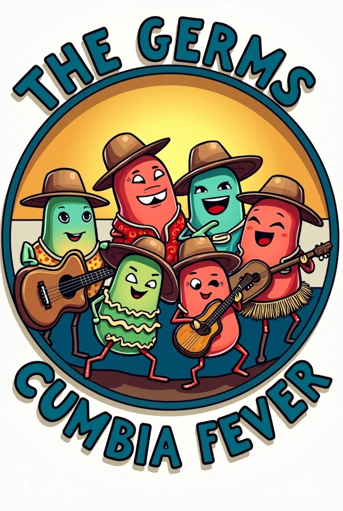 A round logo, 8 musical germs, instruments. Round. without legs. Hawaiian shirt, straw hat.Colombian cumbia, It has to say at the top "the germs". At the bottom it should say "cumbia fever". In the background the Argentine flag