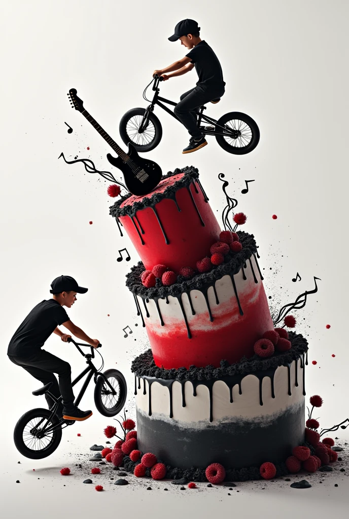 three-tier tilted cake: with images musical notes, and electric guitar: Young BMX bike stunts, black colors, White and red