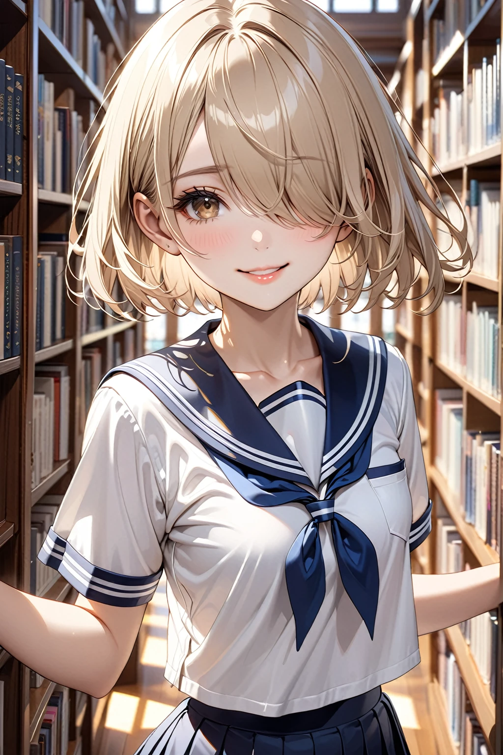 masterpiece,highest quality,32K,ultra detailed,young woman,flat chest,light brown eyes,light makeup,fair skin,shiny skin,smile,silky hair,hair over one eye,pixie cut,straight hair,beige hair,school uniform,sailor suit,short sleeve,library