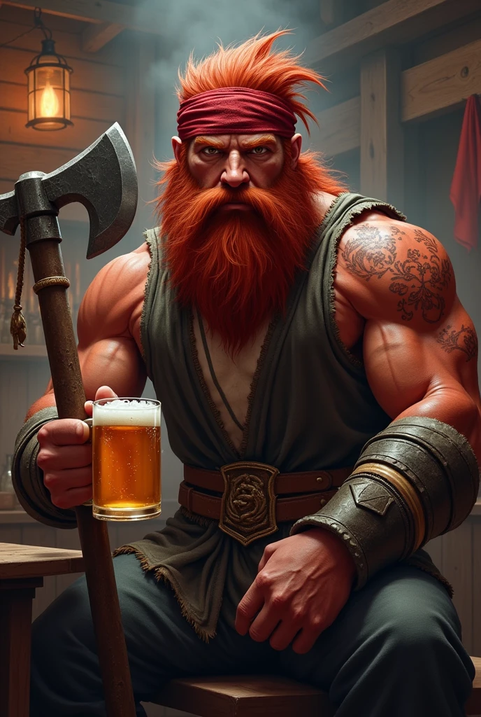 A fire Genasi male, hair red, red skin, a dark red bushy beard a large battle axe in one hand and a mug of ale in the other. He’s kind of meh faced and sitting in a bar. Wearing a bandana on his head and a shirt no sleeves. Class fighter. Beard bushy