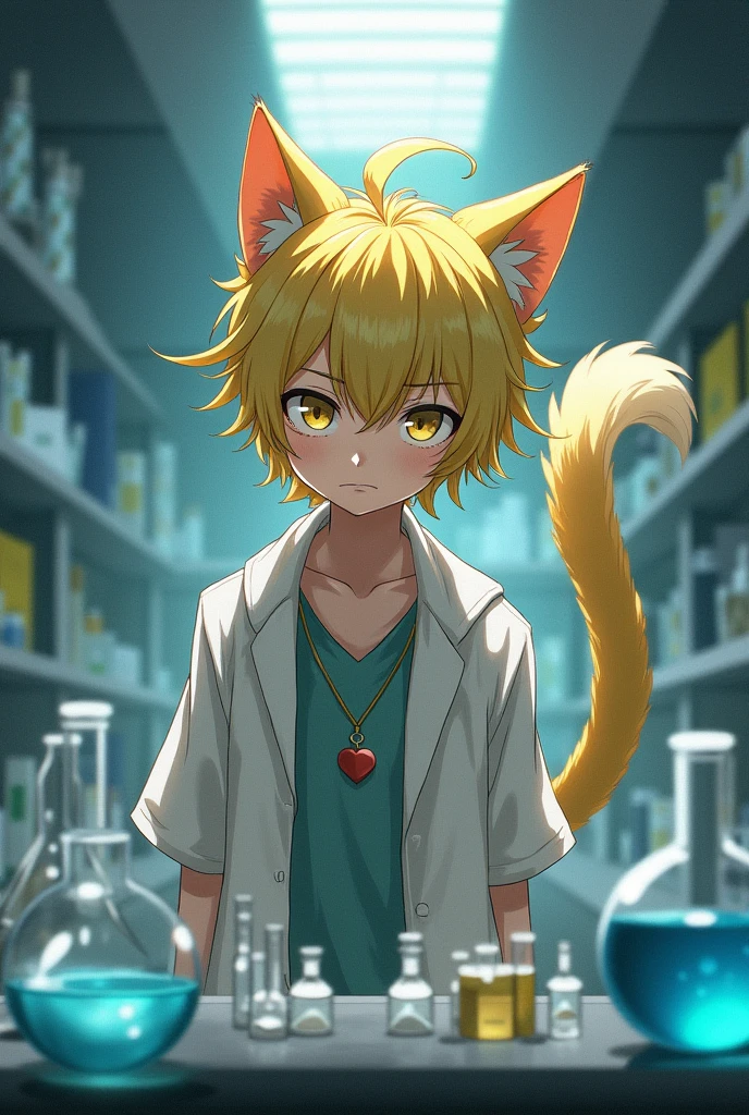 Serious anime boy with yellowish green hair and cat ears and tail,in a lab 