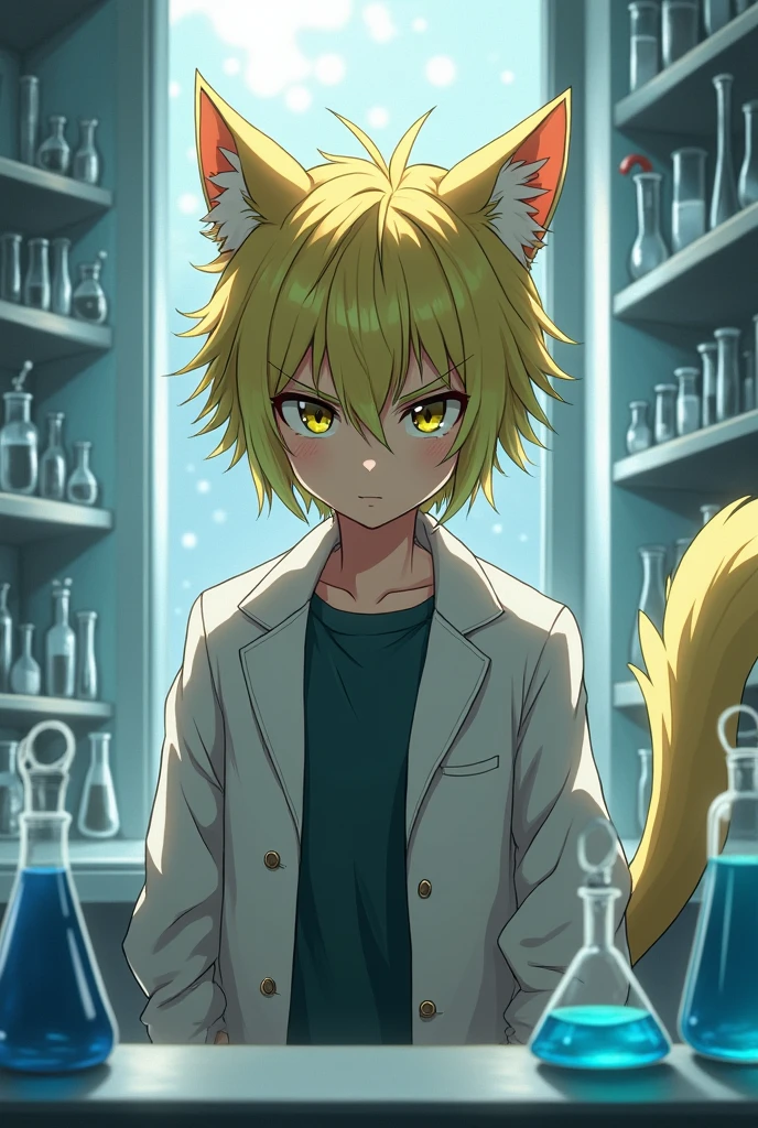 Serious anime boy with yellowish green hair and cat ears and tail,in a lab