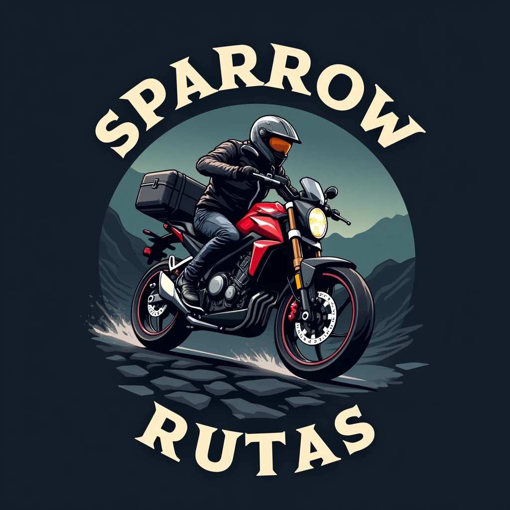 ((Honda NC750X 2016 model year:1.5)) , ((dynamic angle)), ((motorcycle with suitcases)), ((a motorcycle)), (((crear un Logo vectorizado with white border de una moto Honda modelo NC750X))), color dark background, Vectorized style, Logo vector art, Diseño de Logo, simple and clean illustration, Logo, Logo, a circular logo , with white border, dark background, With the name "SPARROW RUTAS" a estilo gammer , mountain and roblox