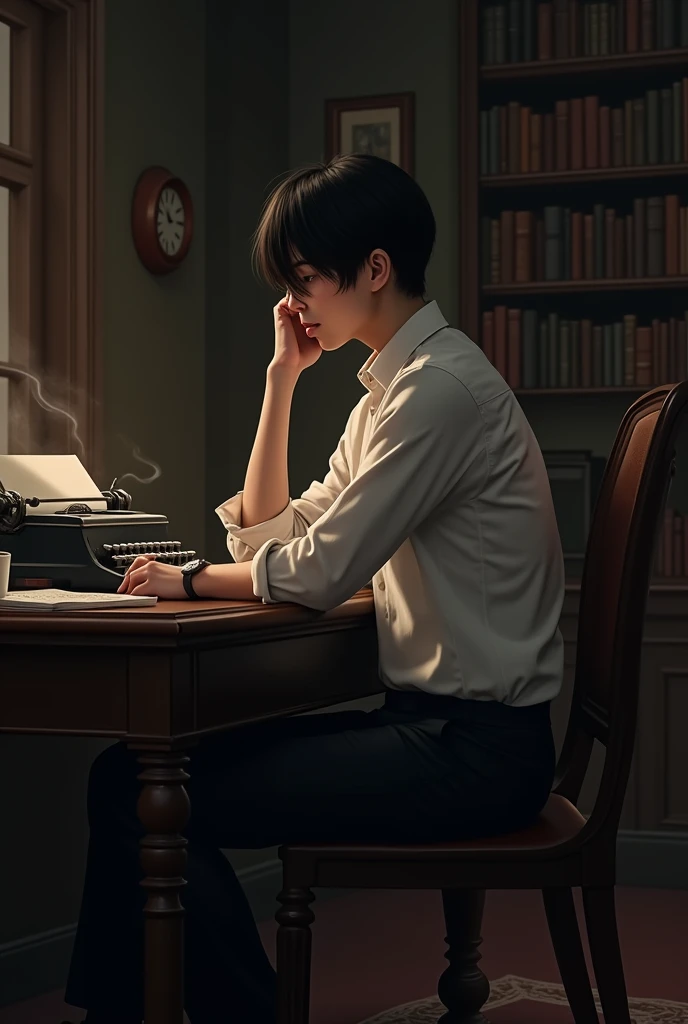 generate a profile picture that has the name Nico Vera, It should be with a touch of suspense and mystery, generates an avatar whose face cannot be distinguished and must be in a study in front of a classic typewriter with a Victorian-style desk, with a background of a library full of books, a posillo with coffee, Must be dressed in a white long-sleeved shirt but with the sleeves folded and gathered, black dress pants and black shoes, the image must be realistic, must be Latino and with short hair, the light should be dim, the face should not be seen completely, the sleeves of the shirt must be rolled up