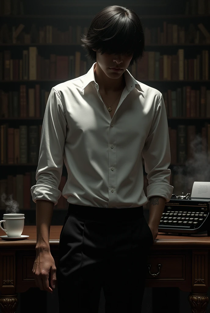 generate a profile picture that has the name Nico Vera, It should be with a touch of suspense and mystery, generates an avatar whose face cannot be distinguished and must be in a study in front of a classic typewriter with a Victorian-style desk, with a background of a library full of books, a posillo with coffee, Must be dressed in a white long-sleeved shirt but with the sleeves folded and gathered, black dress pants and black shoes, the image must be realistic, must be Latino and with short hair, the light should be dim, the face should not be seen completely, the sleeves of the shirt must be rolled up