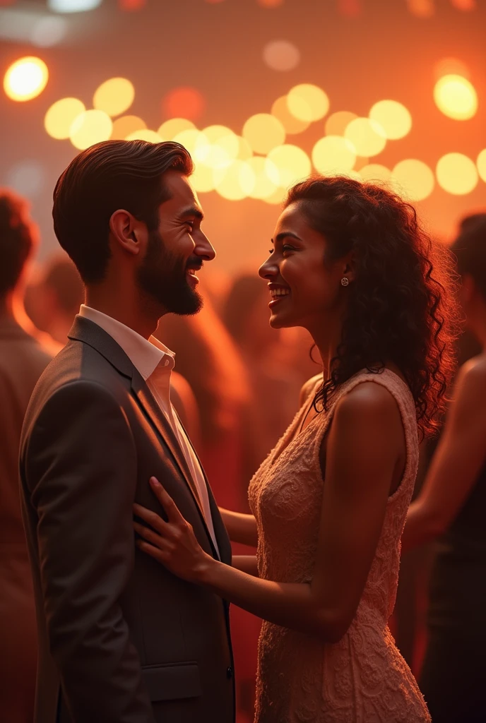 The characters from the previous scene meet at a social event., Their eyes meet, and a sense of connection and complicity becomes evident. Groups are formed that share smiles and gestures, underlining the inclusive spirit of the perfume.