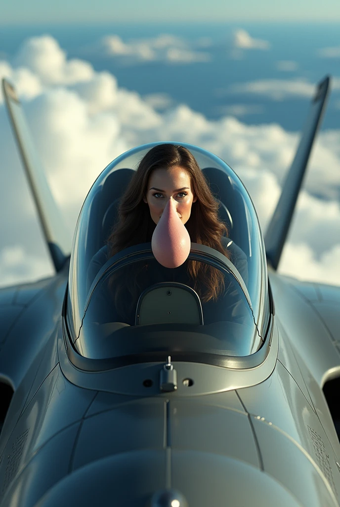Woman with nose twice her size inside a fighter plane
