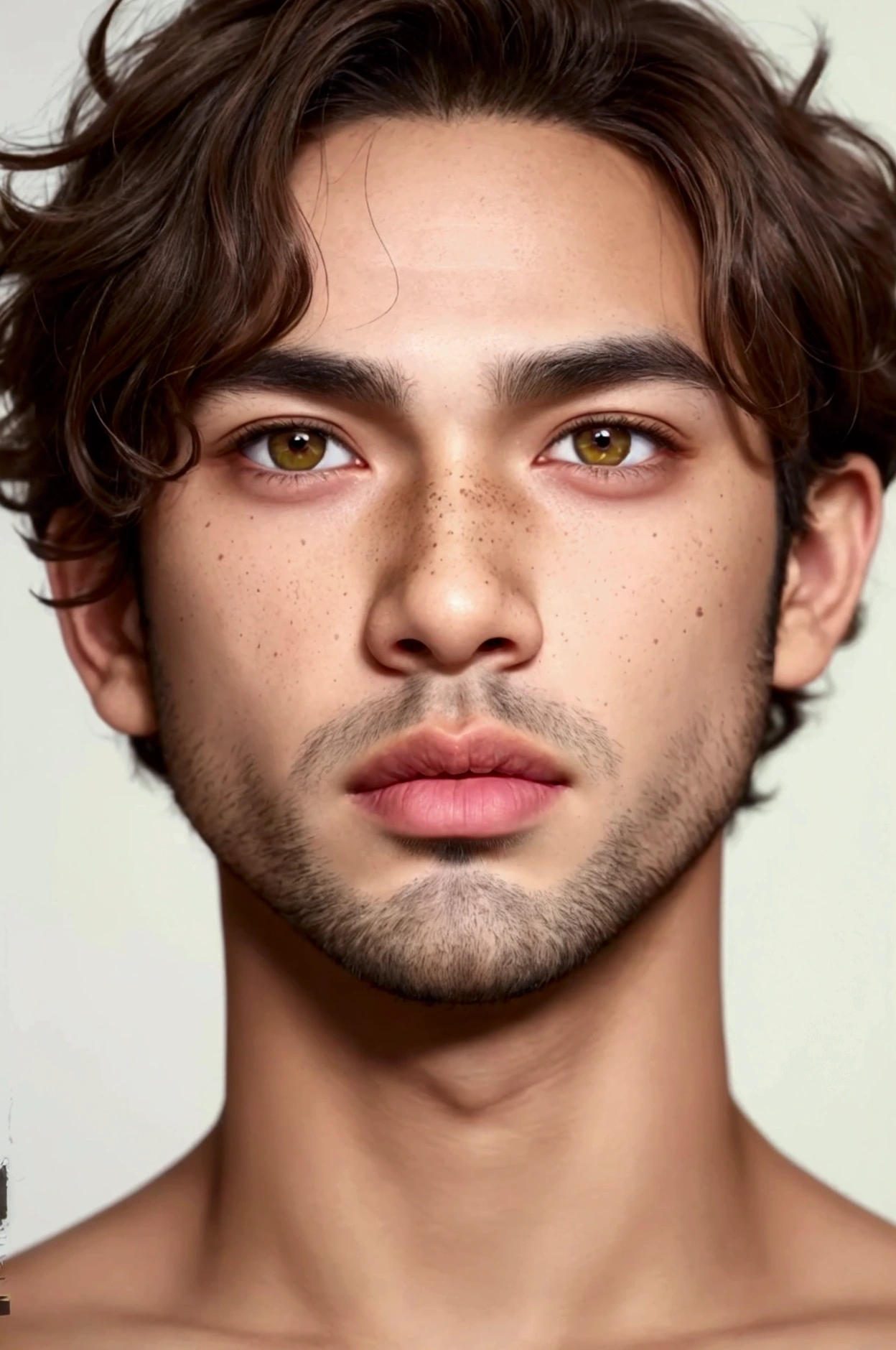 Create a realistic style young man who has tanned skin, square but soft face, fleshy lips, pointy nose, round eyes, with the right iris being green and the left iris being brown, thick eyebrow, freckles all over face, a thin beard and curly light brown hair.