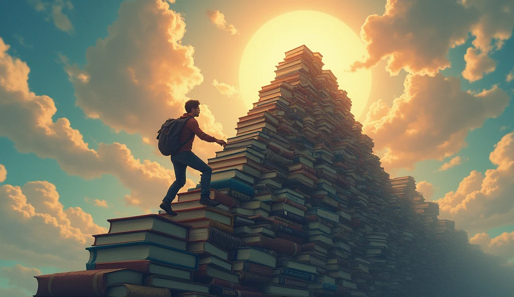 A person climbing a mountain of books, with each level representing a new plateau of understanding