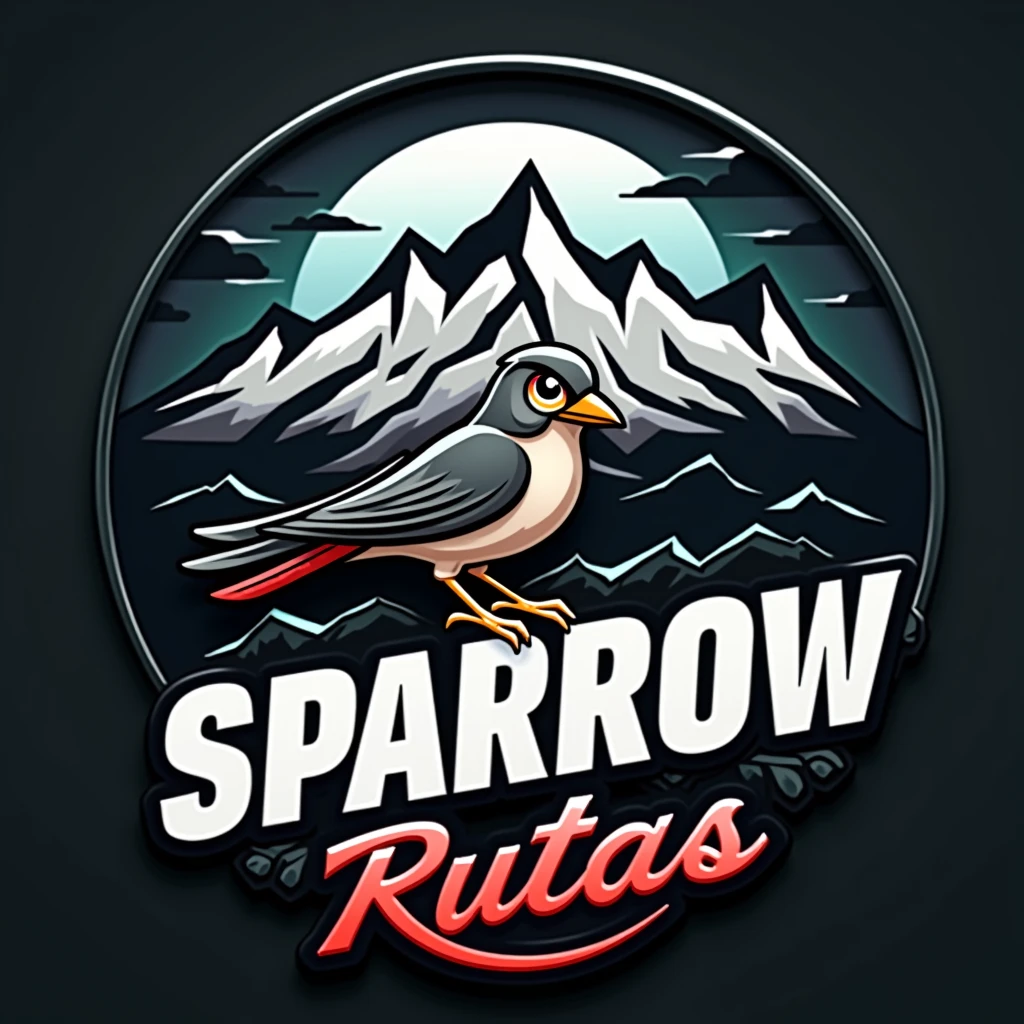 a circular logo, white border, dark background, SPARROW RUTAS in motorutes style, mountains, roblox, logo with white border, detailed logo, intricate design, highly detailed logo, photorealistic, 8k, hyperdetailed, cinematic lighting, dramatic shadows, glossy finish, metallic elements, 3d render, masterpiece, Honda NC750X
