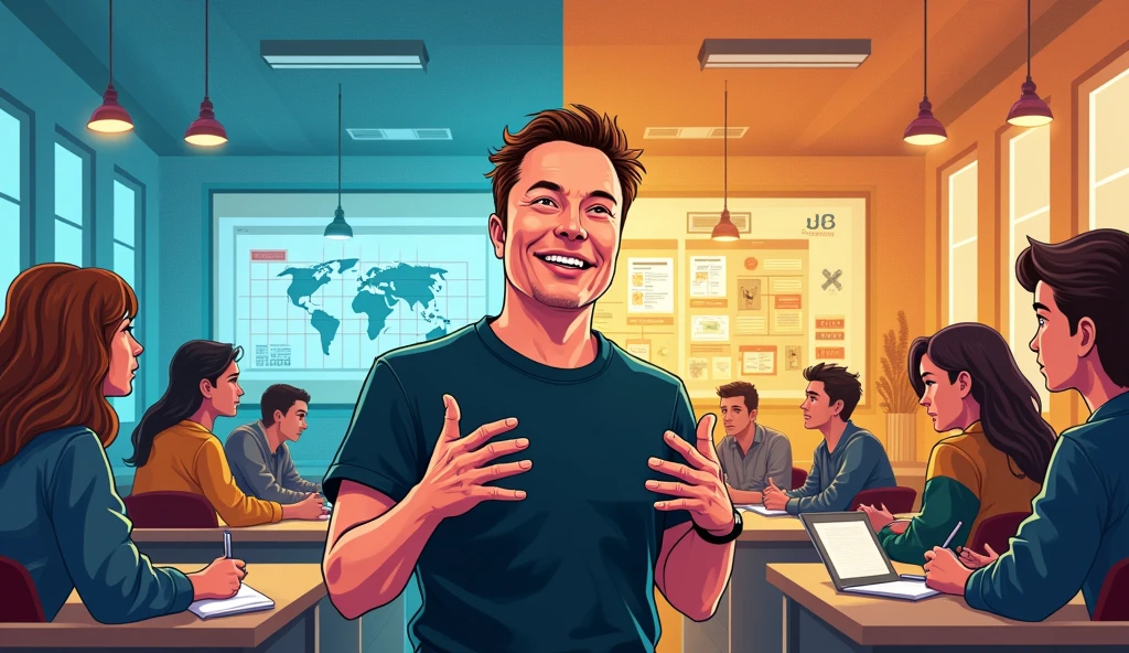 "Elon Musk's view on education"
An illustration of Elon Musk in a casual setting, speaking about education. Next to him, a split-screen showing practical learning (coding, engineering, problem-solving) versus a traditional college lecture hall.make it realistic