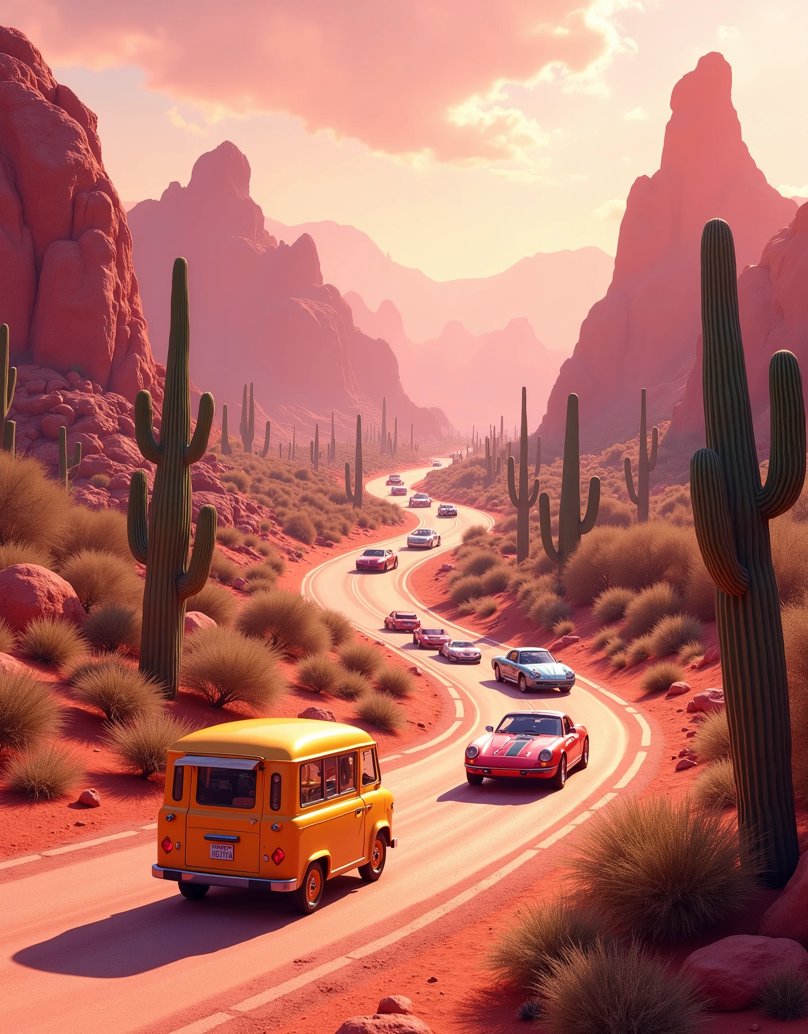 Create a twisty racing track with fashionable cars in the Mexican desert, they are driving forward in the background, the background of mountains, cacti. There is a playground in the foreground. Everything is in golden pink tones. On the front of that picture stays yellow food truck