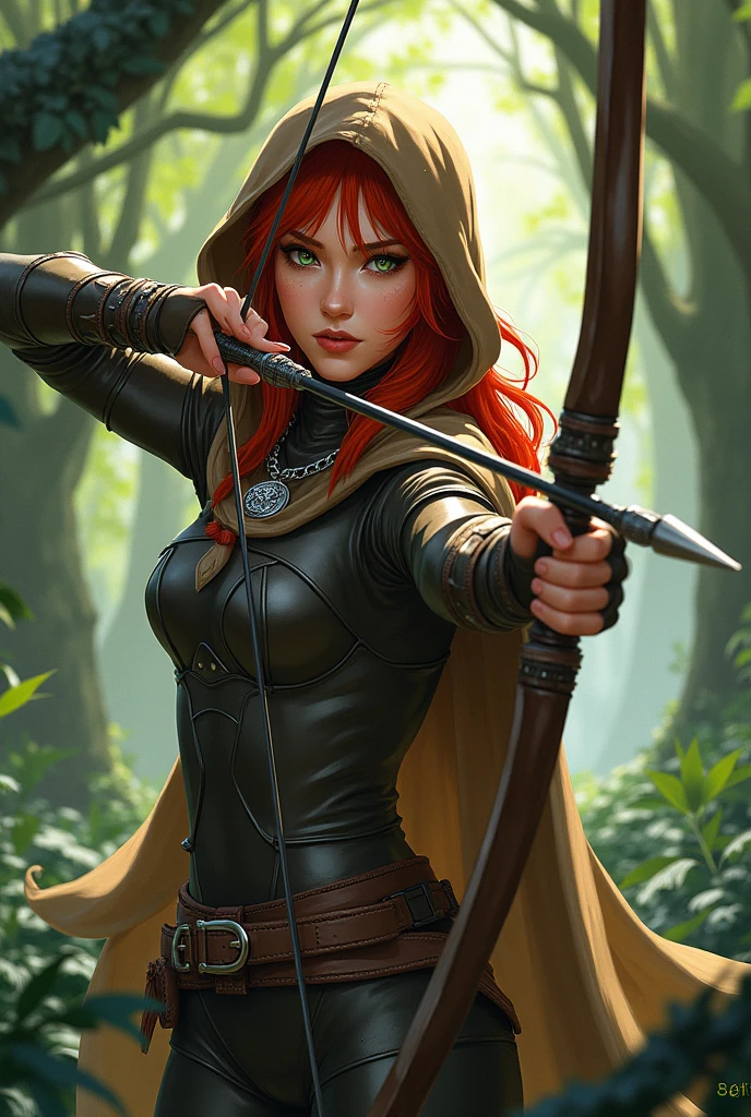 An elf, red hair, greeneyes, medieval leather clothing, brown hood, using bow and arrow, background forest, dense forest, serious look, concentrated, silver necklace with dragon symbol, Arte estilo de anime