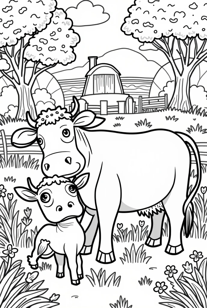 Create a black and white image of cows designed for coloring. Designs should be detailed but accessible to color, with clear lines and spaces that allow for creative use of color. Each cow should be depicted in a forest or farm setting, with elements that add context but keep the focus on the animal itself. The overall style should be playful and engaging, suitable for children.