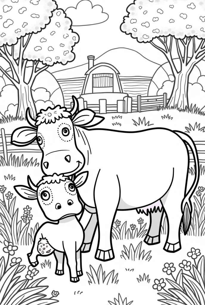 Create a black and white image of cows designed for coloring. Designs should be detailed but accessible to color, with clear lines and spaces that allow for creative use of color. Each cow should be depicted in a forest or farm setting, with elements that add context but keep the focus on the animal itself. The overall style should be playful and engaging, suitable for children.