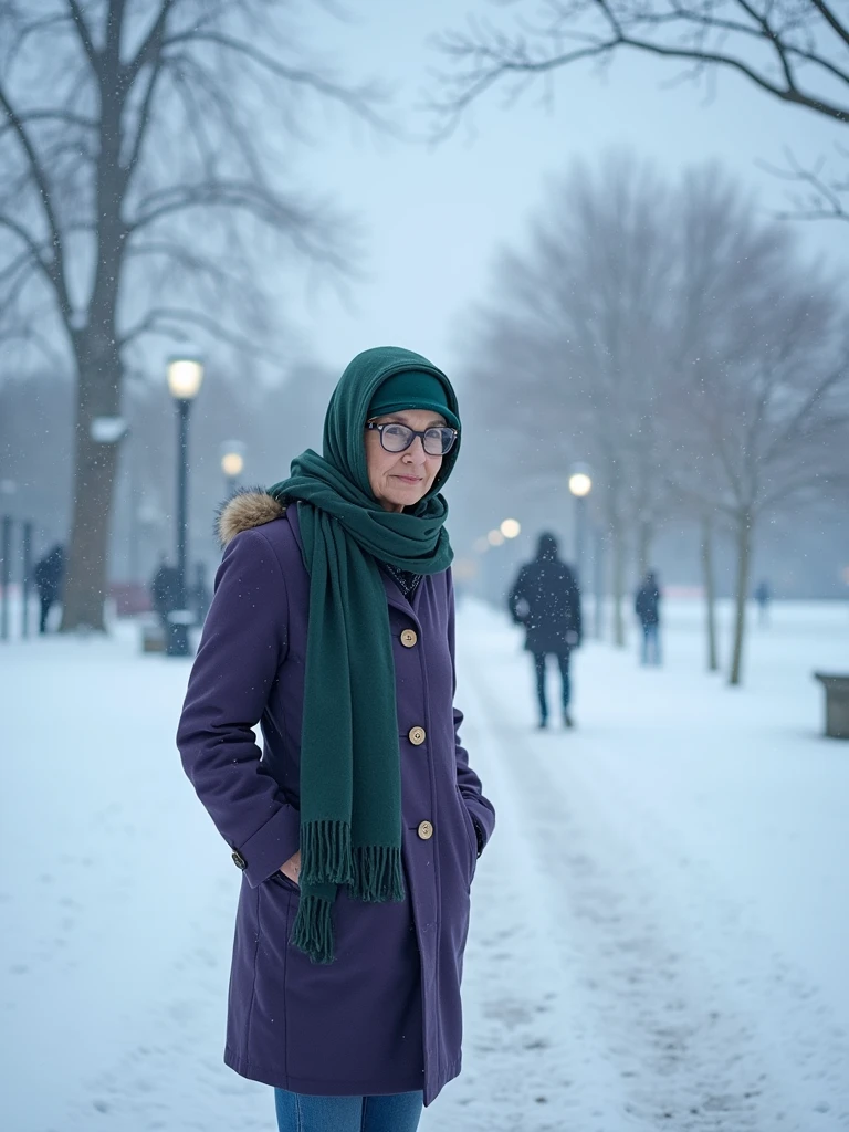 masterpiece, best quality, an old woman with glasses and a scarf on, wearing a purple coat and green scarf, standing at the park