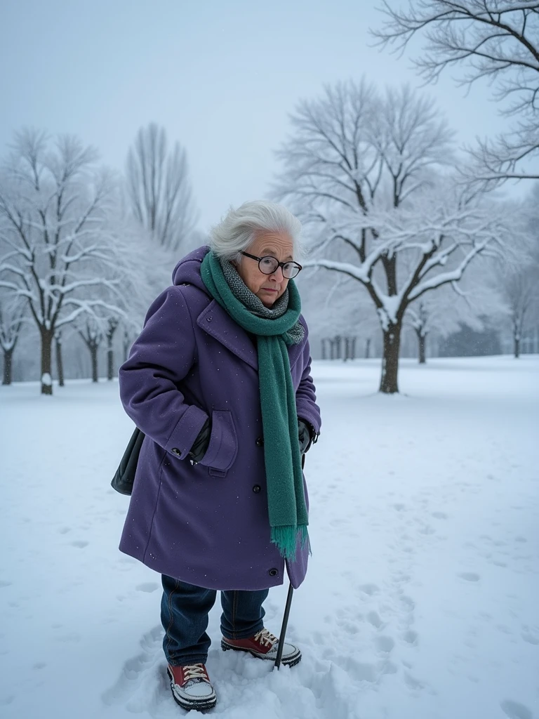 masterpiece, best quality, an old woman with glasses and a scarf on, wearing a purple coat and green scarf, standing at the park