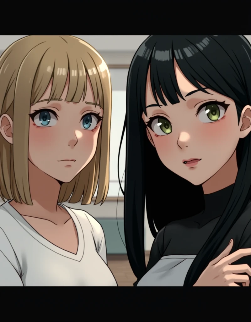 Realistic image of Two women standing next to each other one being white slender green eyes long straight black hair with bangs on her forehead delicate face wearing a black women's shirt, the second woman is white, thin, blonde, short straight hair to the neck, natural blonde, blue eyes, is wearing a white women's shirt, they are both standing in a living room with the blonde resting her arm on the other woman's shoulder.