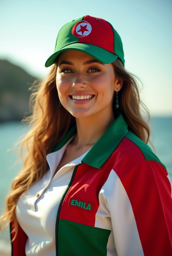 Beautiful plump woman, wearing a white, red and green block polo jacket, and a baseball cap embroidered and colored with the Algerian flag, high quality, coastal background, beautiful lighting, perfect clarity of the entire image, sharpness of the face and eyes, complex details 64k 32k HDset