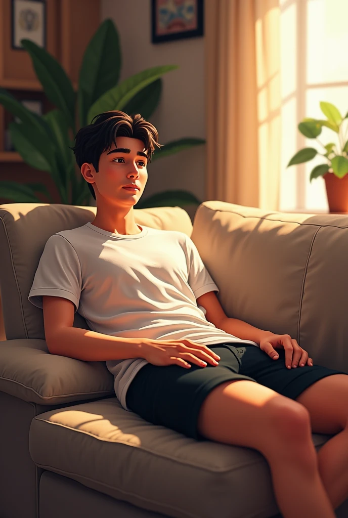 Young man in black shorts and a white t-shirt,laying on the sofa