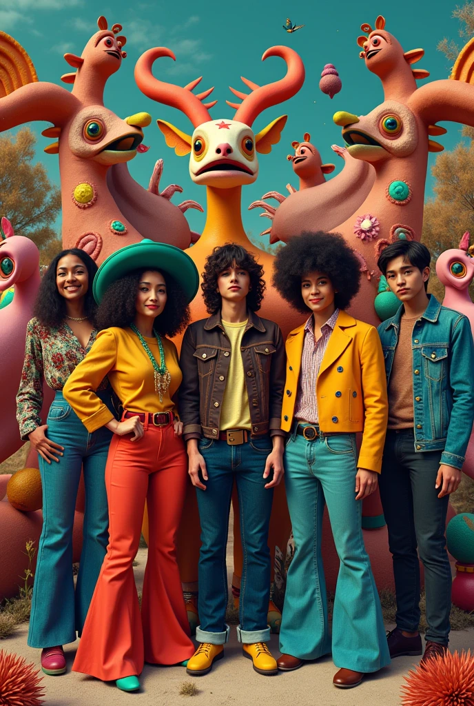 An image where you see people wearing 70s clothes, 80, 90 with the name of ALEBRIJE 