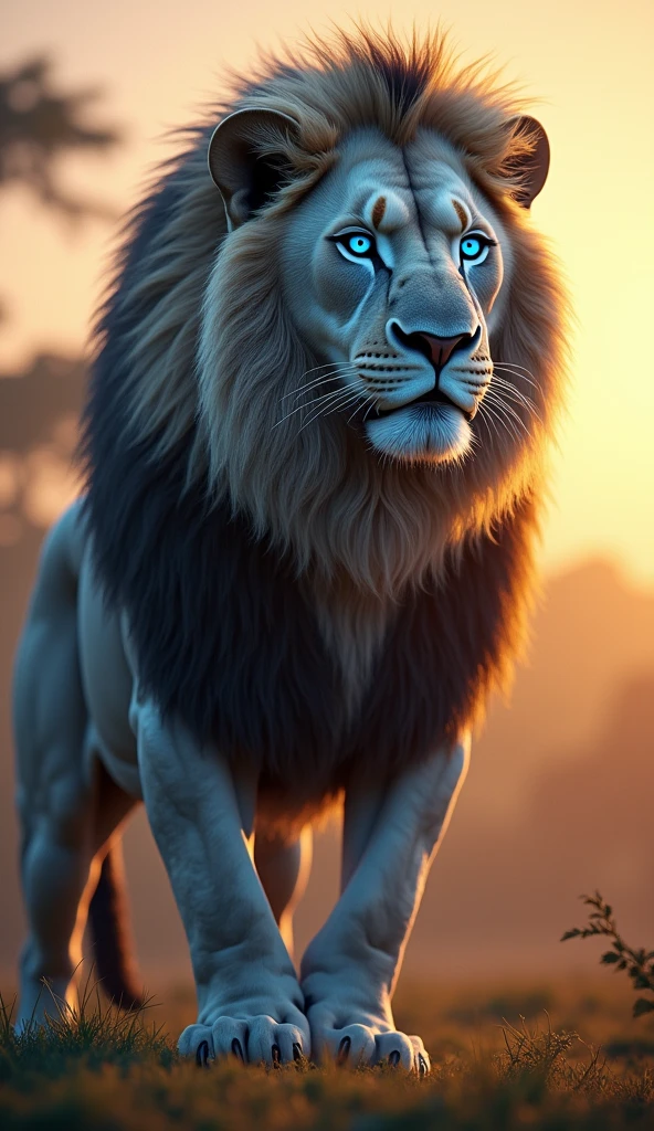Generate an ultra realistic 8k image of a big strong blue-eyed lion