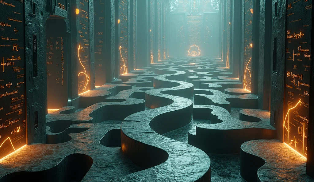 A maze of abstract concepts, with mathematical and philosophical symbols forming the walls