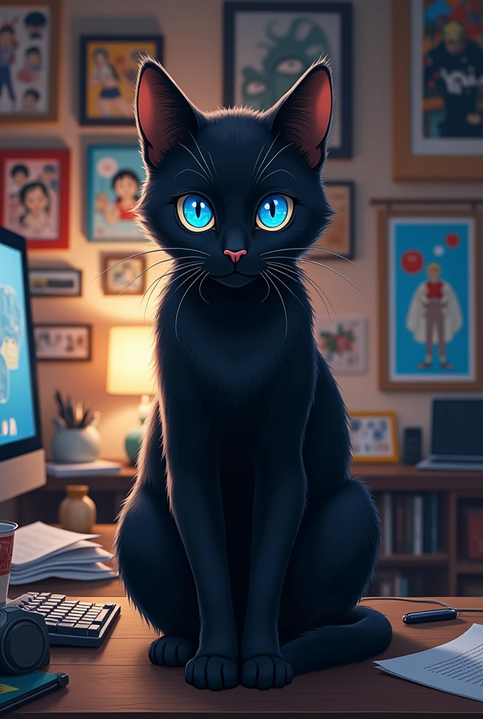 make a black cat with blue eyes, with simple details, on a computer desk, with a back room and pictures, anime frames like one piece, Naruto and Jujutsu Kaisen